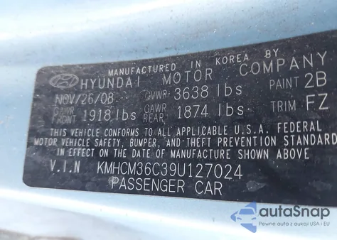 2009 Hyundai Accent Gs z USA, uszkodzony, nr VIN KMHCM36C39U127024